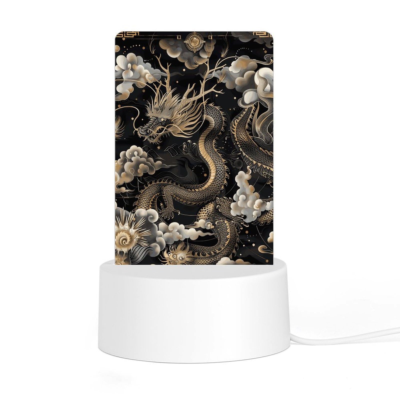 JTREHY Acrylic Night Light with Base Black Chinese Dragon Print Desktop Night Light LED Bedside Night Light for Bedroom Bathroom Hallway Holiday Gift