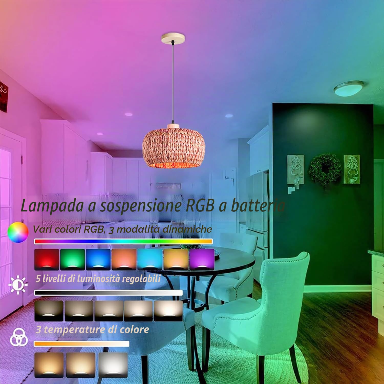 Lampada a Sospensione Boho in Rattan E27 con Batteria, Lampada a Sospensione Vintage in Bambù per Interni, Regolabile con Telecomando, Lampada a Sospensione con Lampadine RGB Ricaricabili per Sala da
