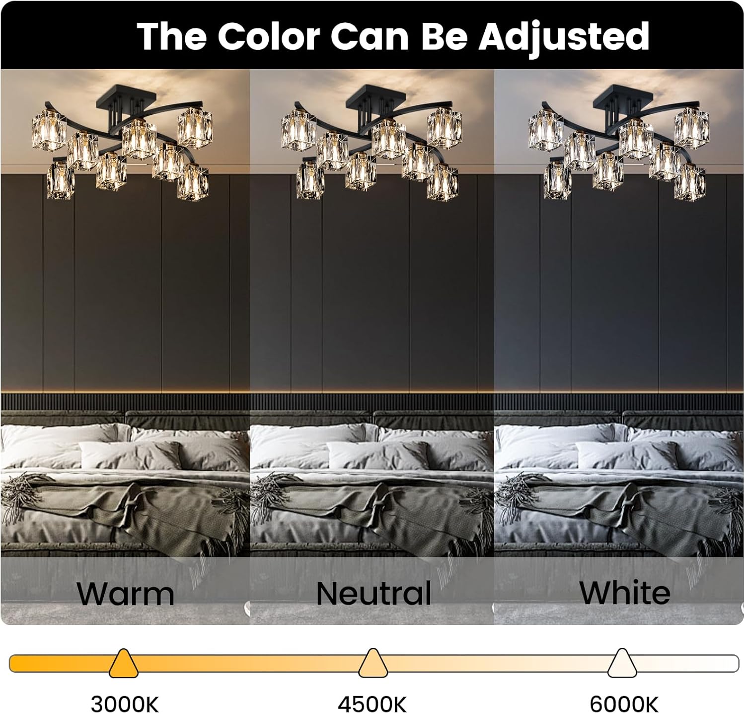 Crystal Semi Flush Mount Ceiling Light with 8-Lights Black Sputnik Ceiling Light Fixture Modern Chandeliers for Dining Room Living Room Kitchen Island Bedroom Hallway