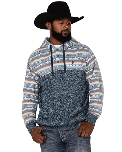 HOOEY Men's Southwestern Print Landscape 1/4 Button Hooded Pullover Navy