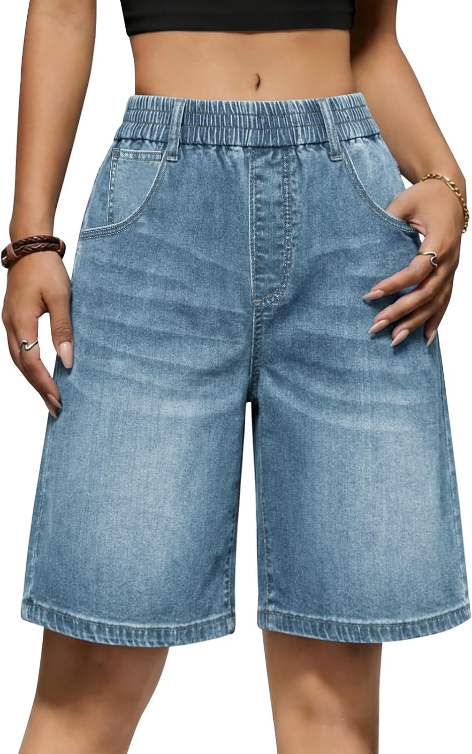 Yousify Womens Bermuda Jean Shorts Elastic Waisted Long Denim Short Knee Length Baggy Jeans Jorts