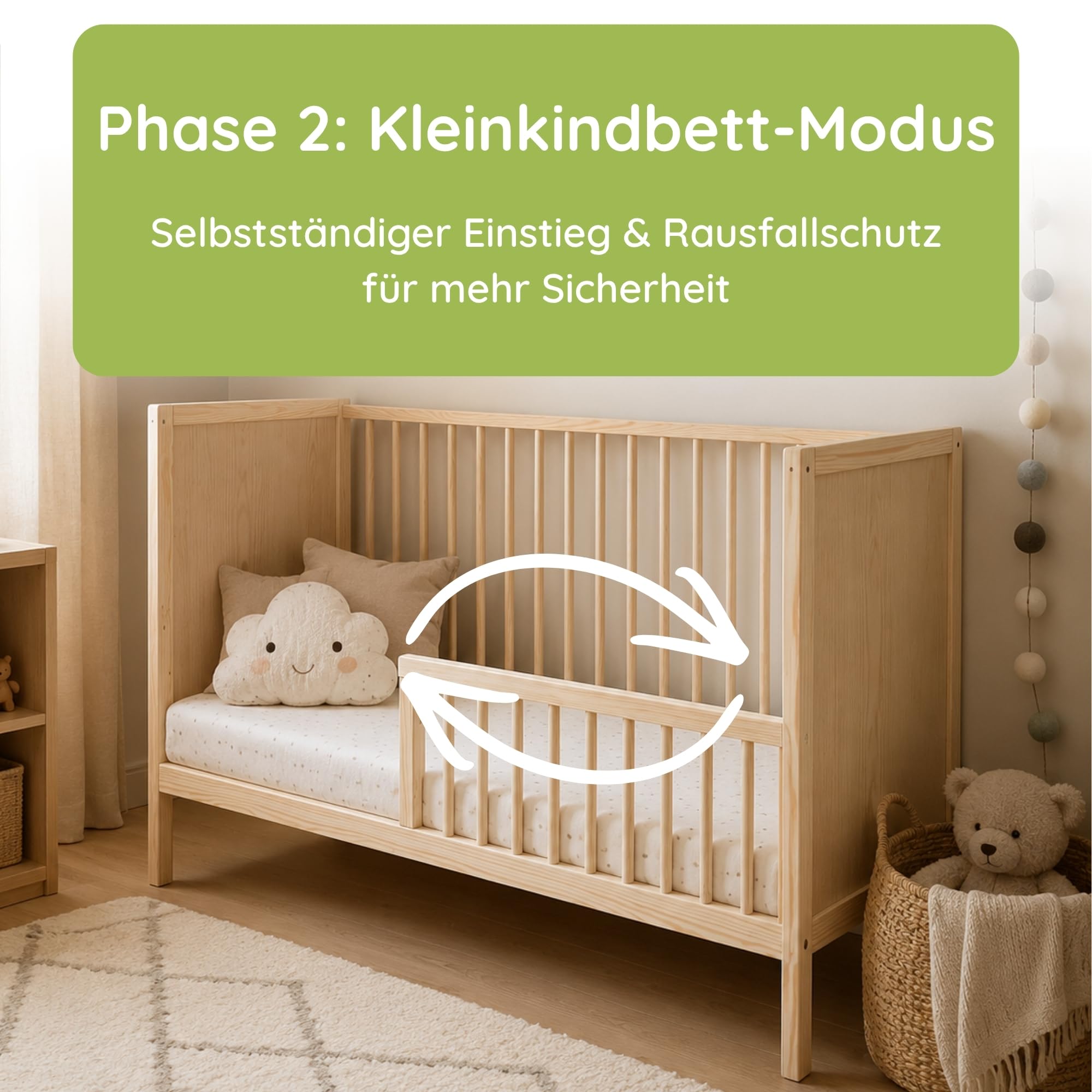Kids Collective Babybett Kinderbett Beistellbett | Modulares Gitterbett Lattenrost 3-Fach höhenverstellbar & abnehmbare Sprossen | Baby Bett Holz Kinderzimmer | 120x60 cm | Natur