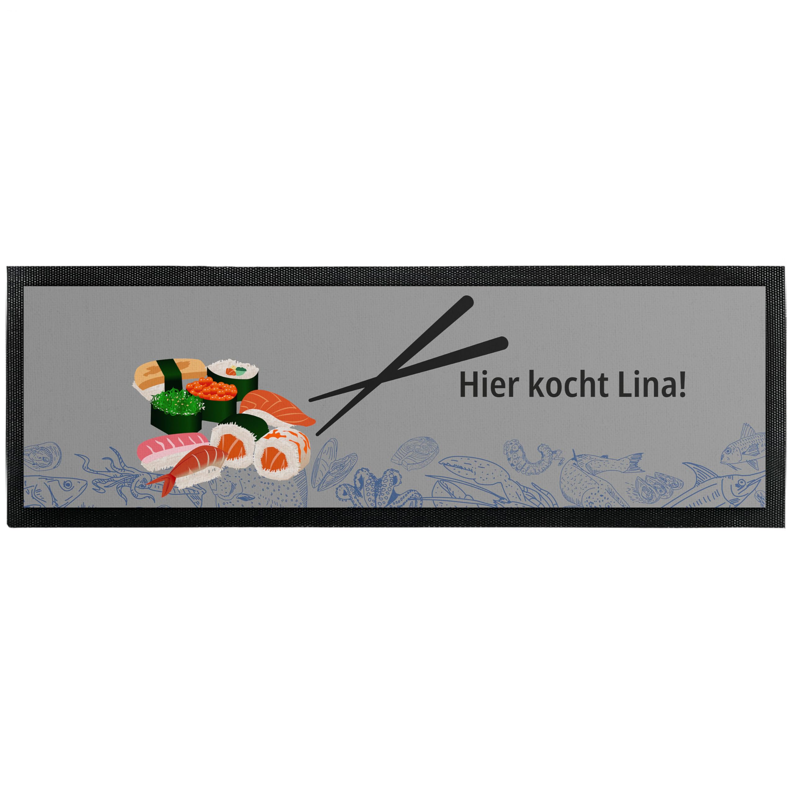 True Statements Personalisierte Fußmatte 120 x 40 cm – Deko Küchenmatte mit Sushi Motiv & Wunschtext - Velours Oberfläche für Flur, Küche & Wohnung