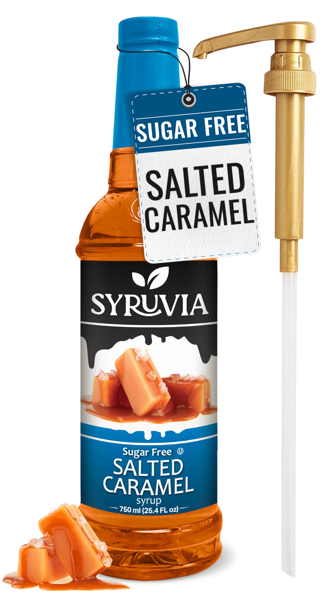 Syruvia Sugar Free Coffee Syrup, Salted Caramel Flavored Syrup for Drinks, Lattes, and Desserts – 25.4 fl oz, With Pump