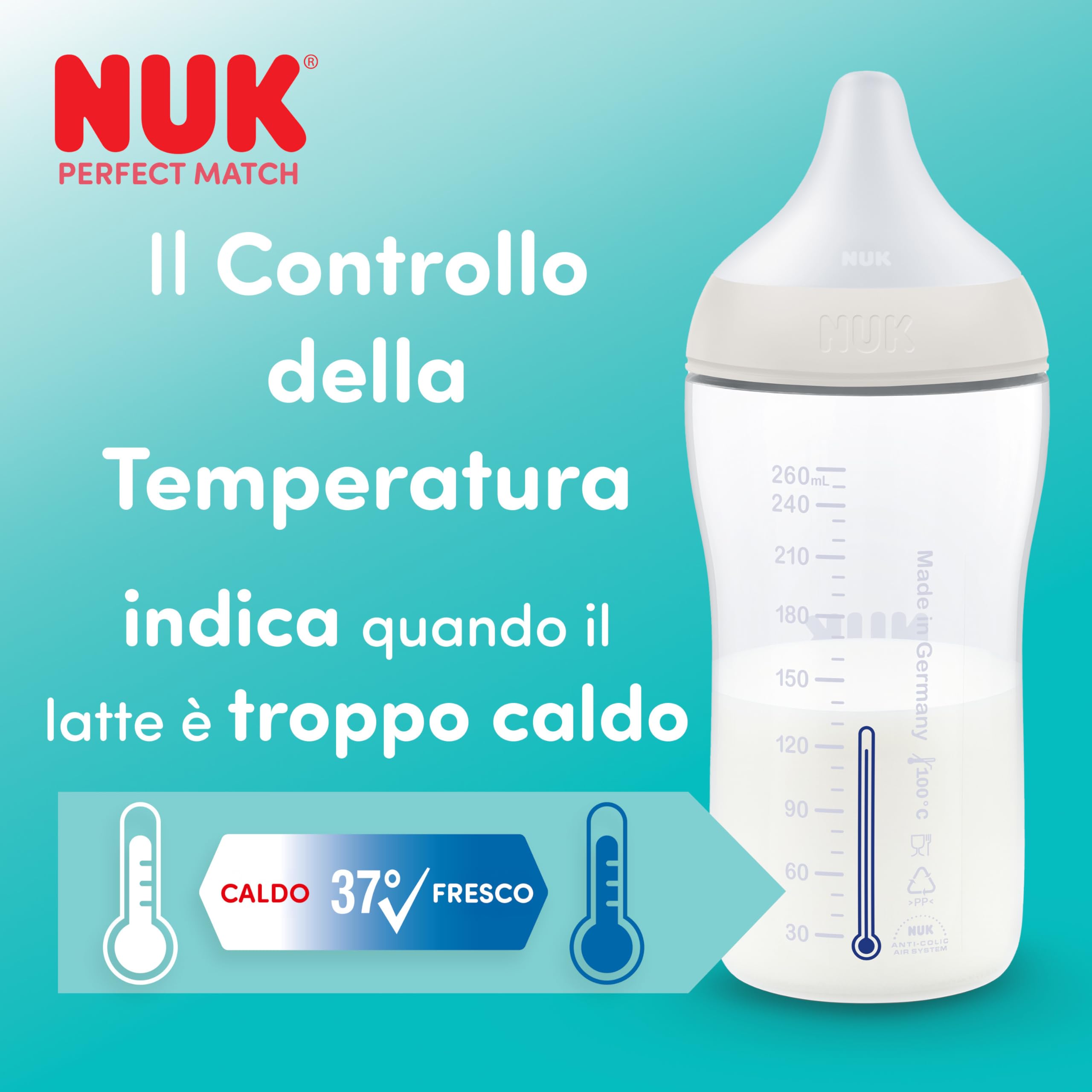 NUK Set biberon vetro Perfect Match | 3+ mesi | Si adatta al palato del bambino | Controllo temperatura | Sfiato anti-colica | 120 ml e 230 ml | Senza BPA | Tettarelle in silicone | Arcobaleno | 4 pz