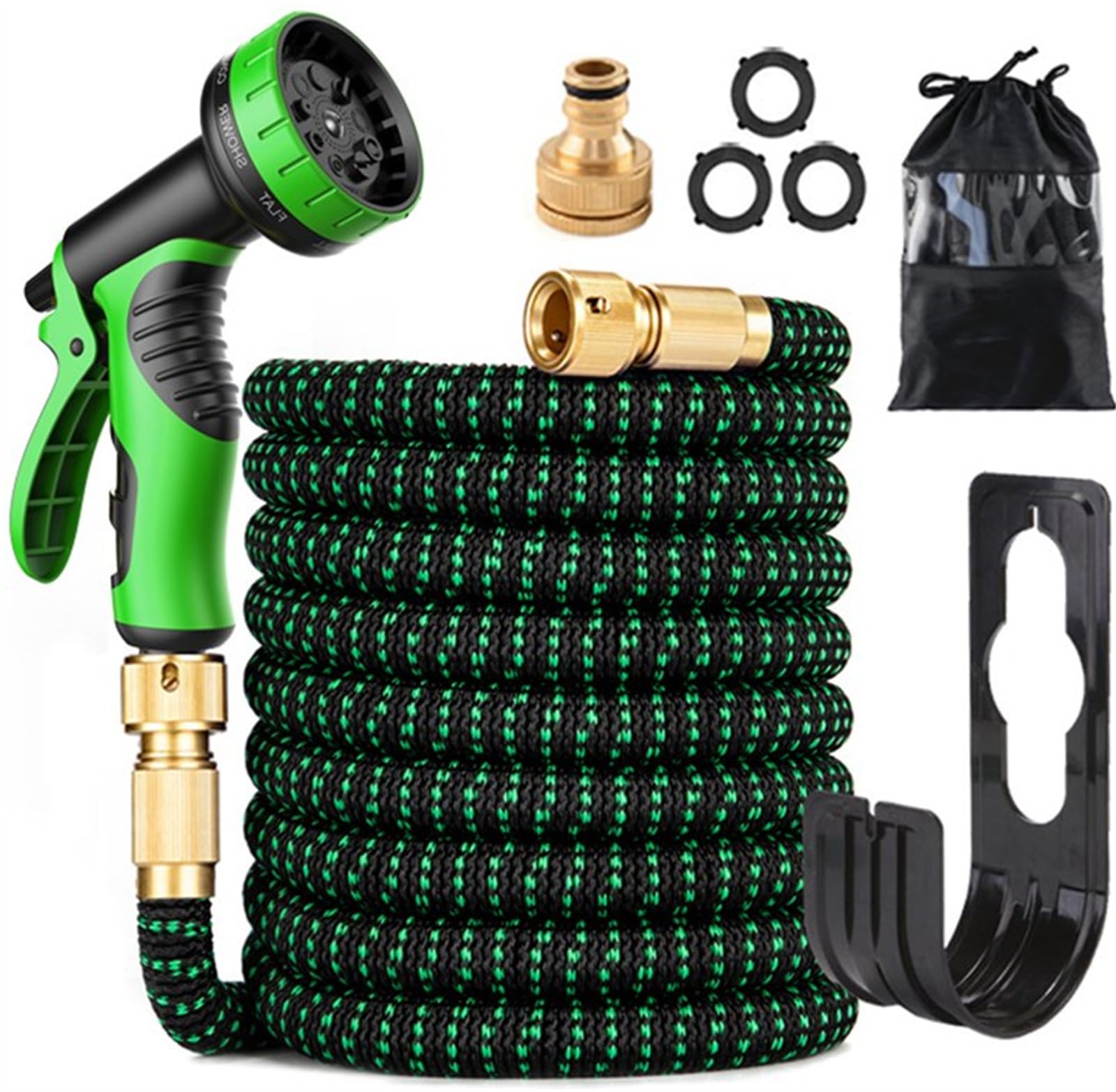 LINGKY Expandable Garden Hose Pipe, Upgraded Expanding Garden Water Hose with 10 Function Spray Nozzle Gun, 1/2" & 3/4" Solid Brass Fittings, Flexible Lightweight Anti-Kink Durable (15M/50FT,Green)