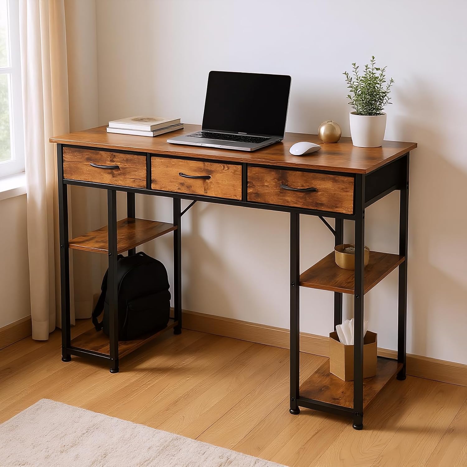 FAHKNS 47 Inch Computer Desk with 3 Fabric Drawers, Small Computer Table with 4 Storage Shelves, Minimalist Style Home Office Desk for Working, Studying and Writing, Brown