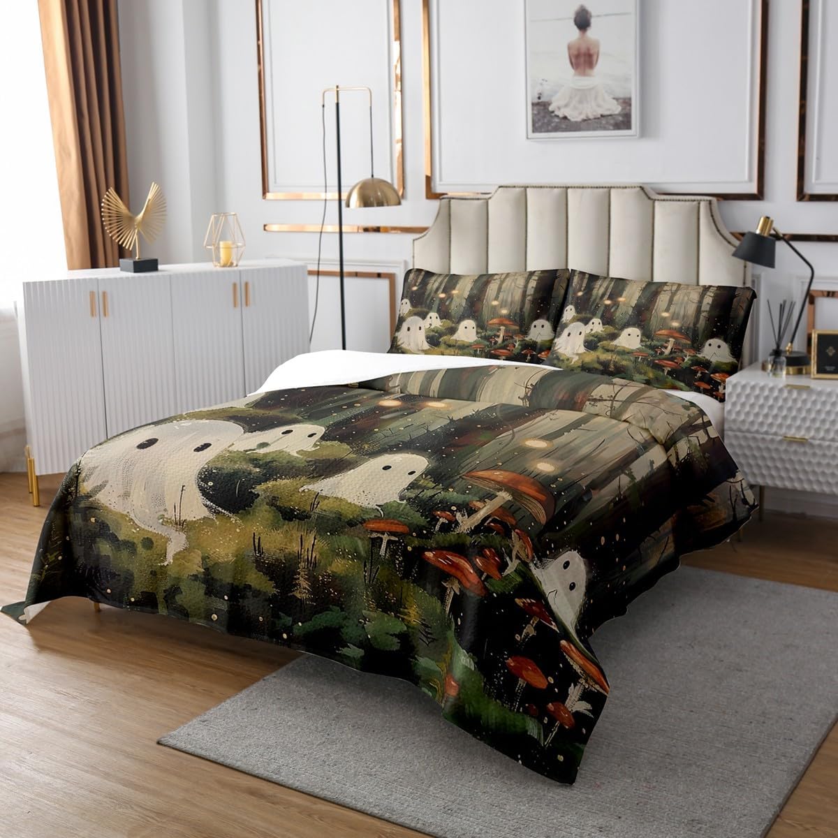 Erosebridal White Ghost Bedspread for Boys Girls Halloween Mushroom Quilt Set King Size Teens Kids Halloween Decorations Coverlet Set Happy Halloween Bed Set Trick Or Treat Themed Bedding