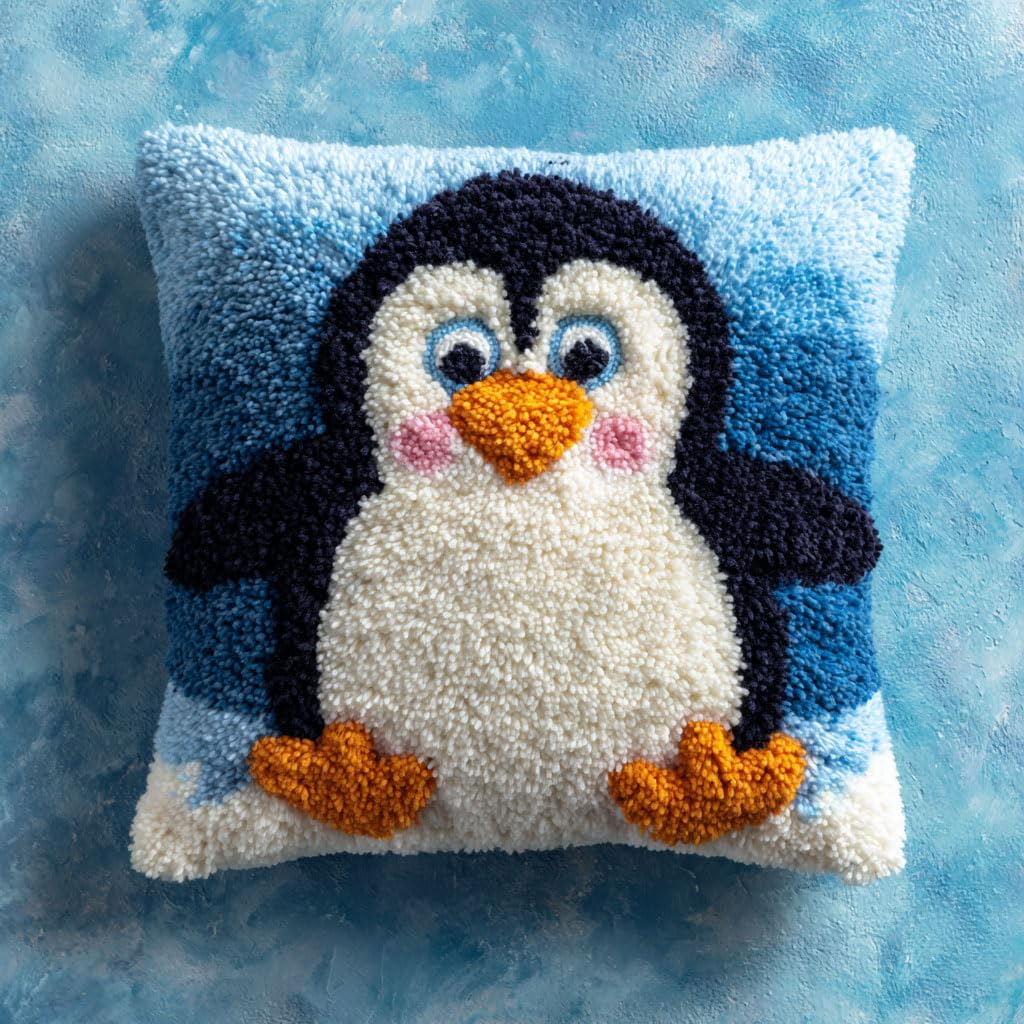 Taxpy Latch Hook Kits, Animal Penguin Pillow with Printed Canvas Cushion Craft Kits Pillow Cover Making Crochet Pre Printed Canvas DIY Needlework Embroidery Kit