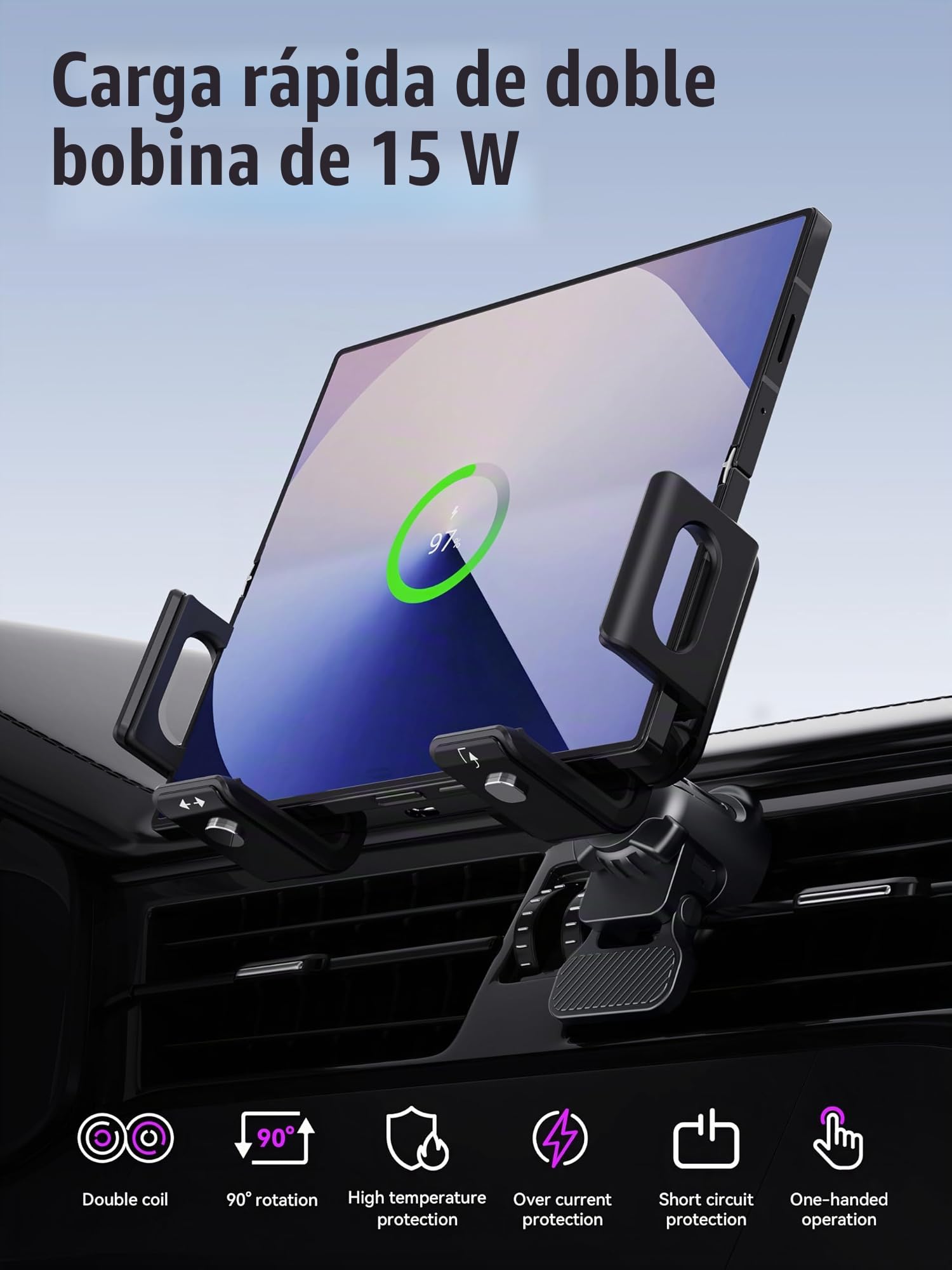 Cargador Inalámbrico Coche de 15W para Galaxy Z Fold/Flip, Rota 90°, Fast Wireless Charger Soporte Movil Coche Cargador para Samsung Galaxy Z Fold/Flip 6, S25/S24/S23, iPhone 16/15/14