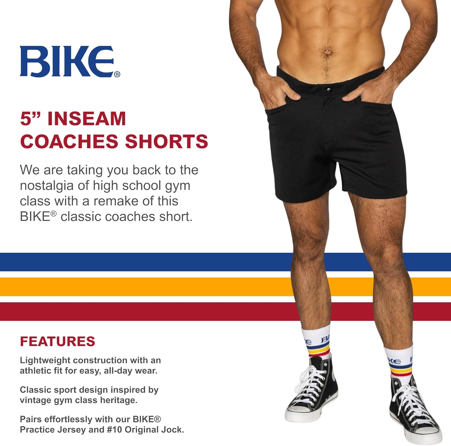 Bike Athletic Men's Classic Coaches Shorts, 5" Inseam Retro Snap-Button Gym Shorts, Structured Fit Football Style