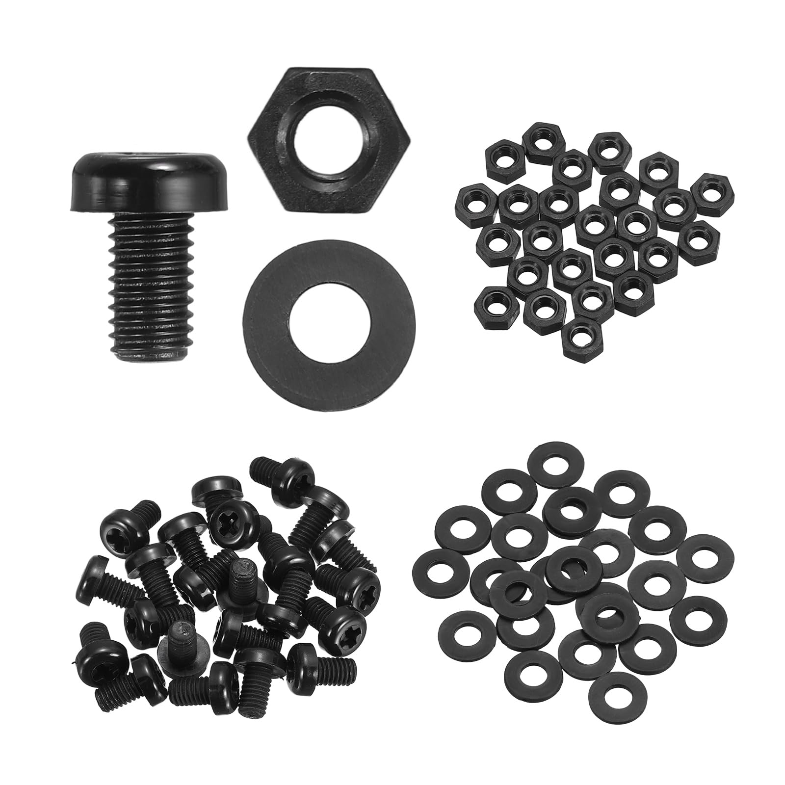 sourcing map 25 Set M5x8mm Nylon PA66 Plastic Cross Round Head Screw Phillips Bolts Hex Nuts Flat Washers Assortment Kit, Metric Full Thread Bolt Fasteners for DIY Machine Assembly, Black — image 1