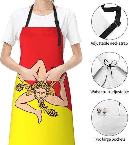 Miniatura 4 de Delantales de bandera de Sicilia para hombres y mujeres con bolsillos, delantal ajustable resistente al agua y al aceite para cocinar, cocina,
