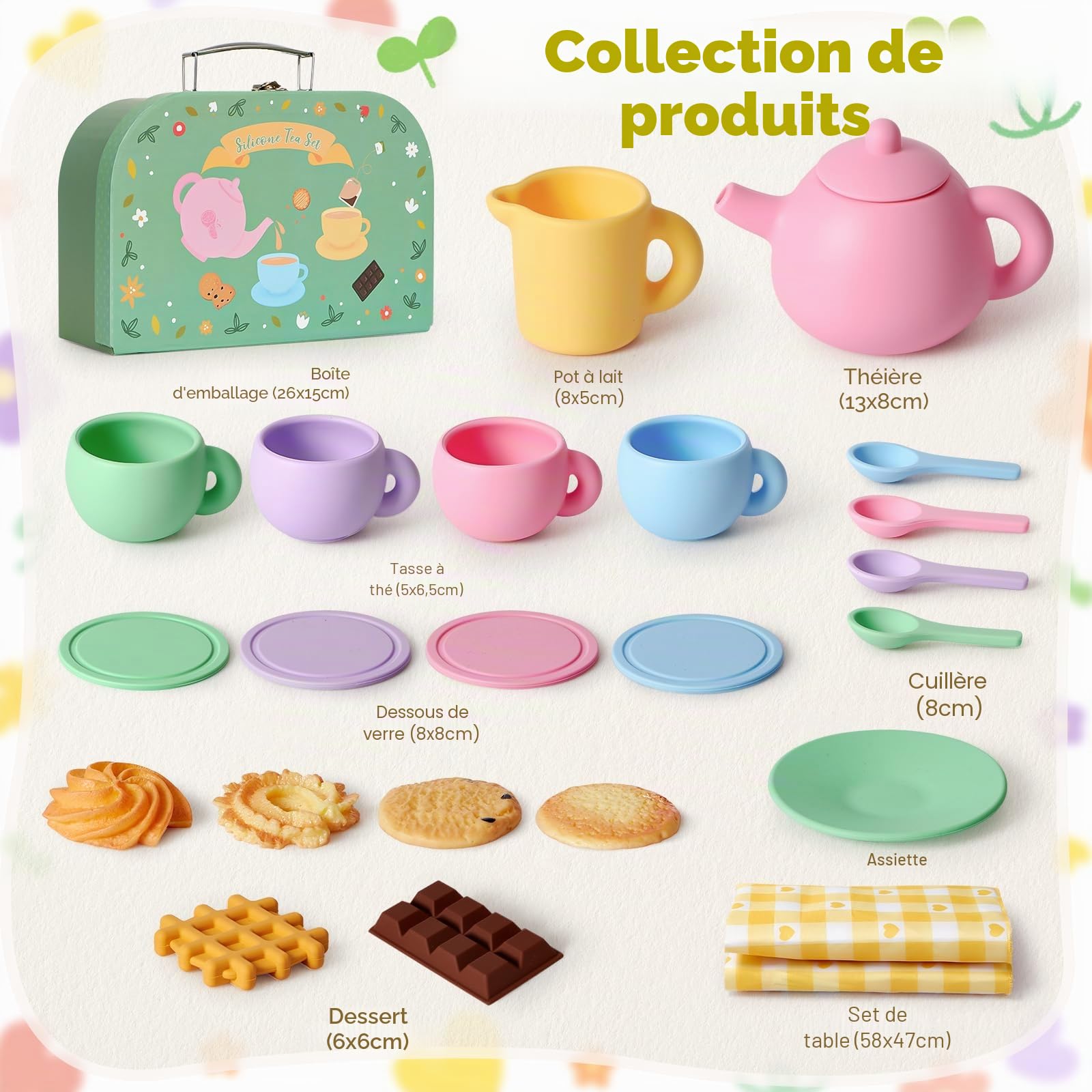 G.C Service à Thé Enfant Silicone, Dinette Enfant 3 4 5 6 Ans avec Silicone Dessert Couverts Couverture Pique-Nique Coffret, Accessoire Cuisine Cadeau Jouet Garcon Fille 3 4 5 6 Ans