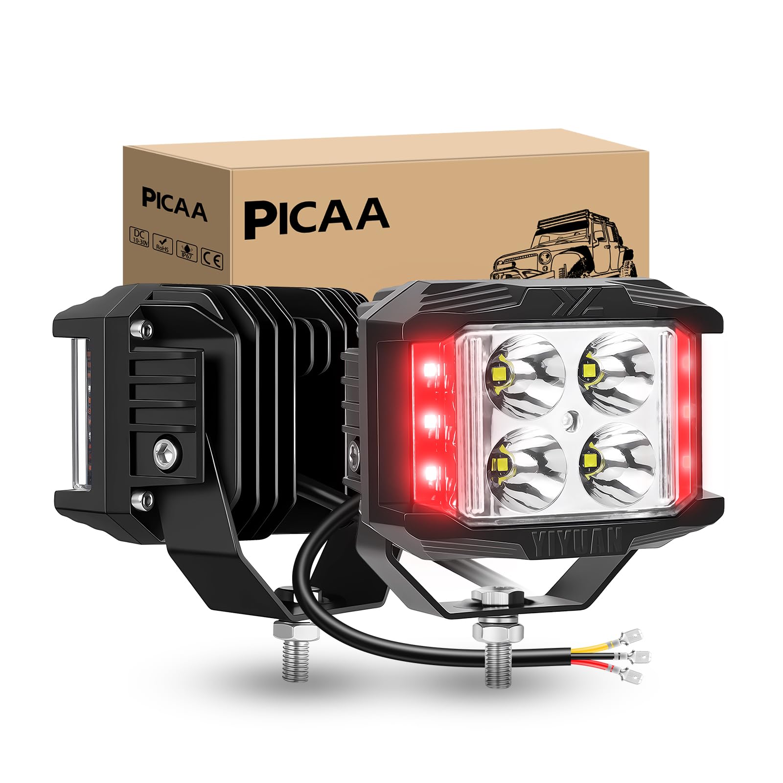 PICAA LED Work Light, 2PCS 4 Inch 35W 3500 Lumens Strobe LED Cube Work Lamp with Side Shooter, Offroad Driving Lamp Spot Flood Fog Light for 12V 24V 4WD Truck 4x4,Red&White