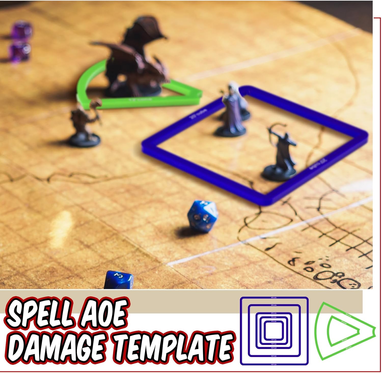 Sintuff 15 Pcs Spell Effect AOE Damage Template Area Translucent Acrylic Spell Marker Set Include 5 Cube 4 Circle 2 Cone 4 Line Templates for Gifts Trpgs Dm Gaming Accessories(Colorful)