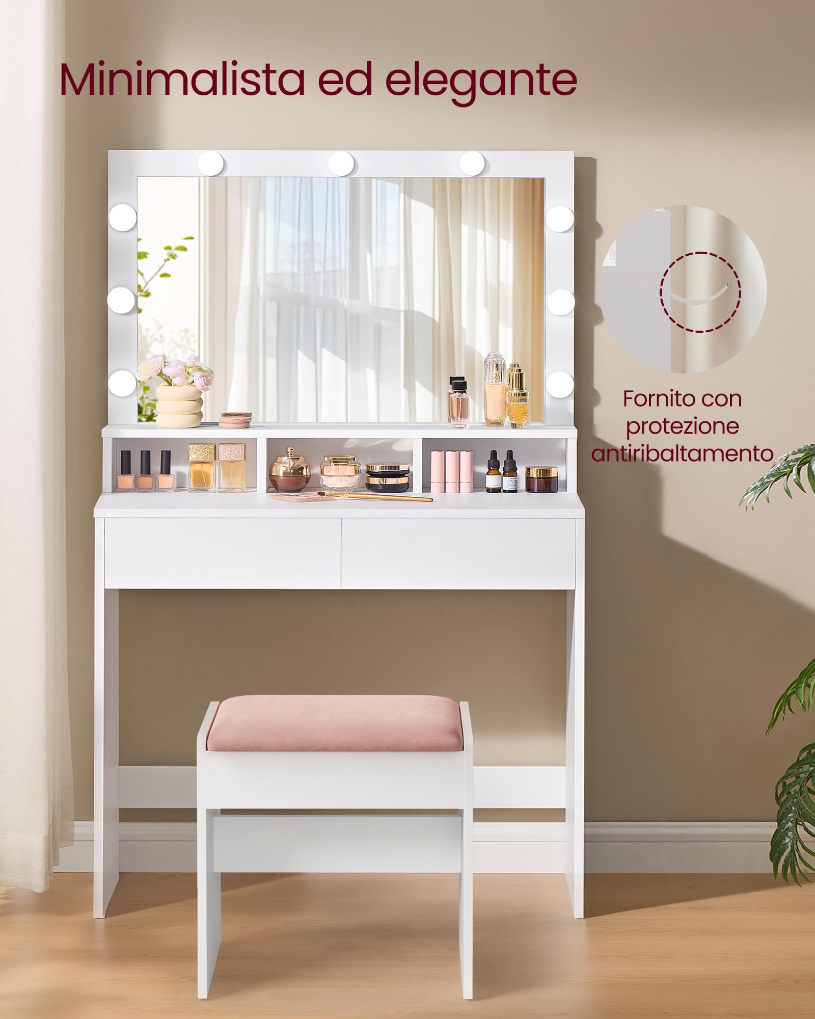 VASAGLE KAILYN Collezione - Tavolo da Trucco, Toeletta con Luce LED, Regolabile a 3 Colori, con Specchio, Tavolo Cosmetico con 2 Cassetti e 3 Scomparti Aperti, Bianco Nuvola RDT120WB01