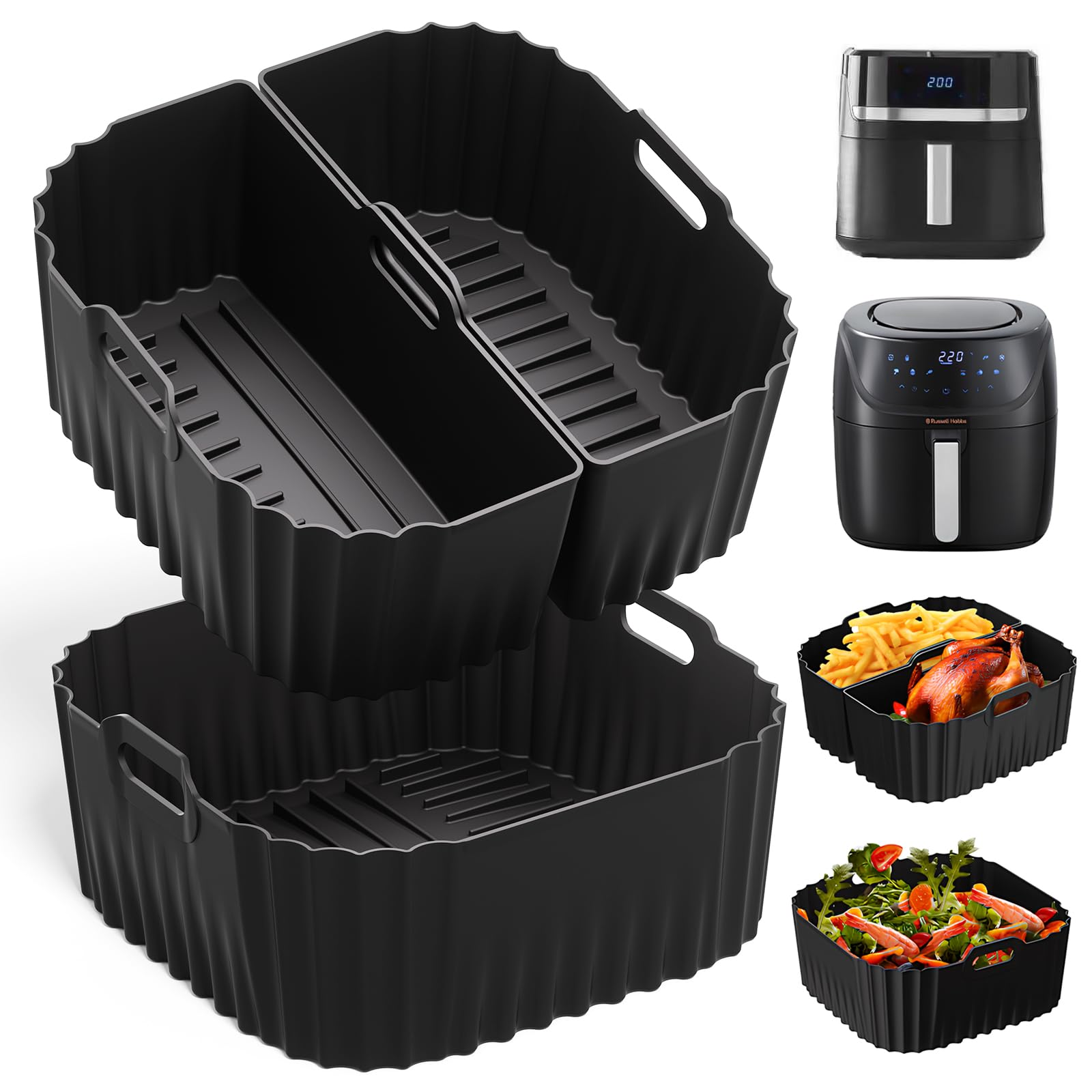 Juego de 3 moldes de silicona para freidora de aire Russell Hobbs XXL de 8 l/8,3 l, Incluye insertos de silicona reutilizables, papel de horno de repuesto, sin BPA y apto para lavavajillas