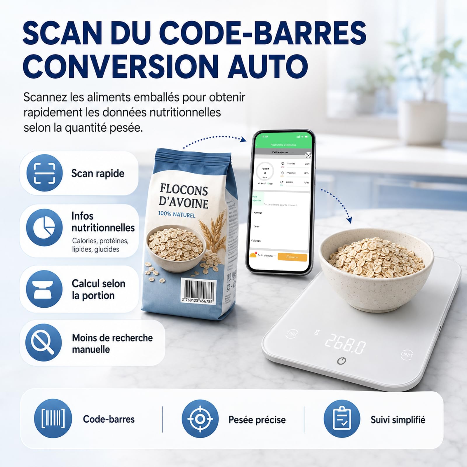 Balance de cuisine intelligente à valeur nutritive – Capacité de pesée : 10 kg – Division : 0,1 g – Bluetooth 5.0 – Mini-programme – Scan de code-barres – Plateau en verre trempé