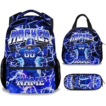 UNIKITTY Boys Hockey Backpack Set with Lunch Box & Pencil Case, Personalized Ice Hockey School Backpack 17 Inch Large Capacity, Water Resistant for Kids Teens