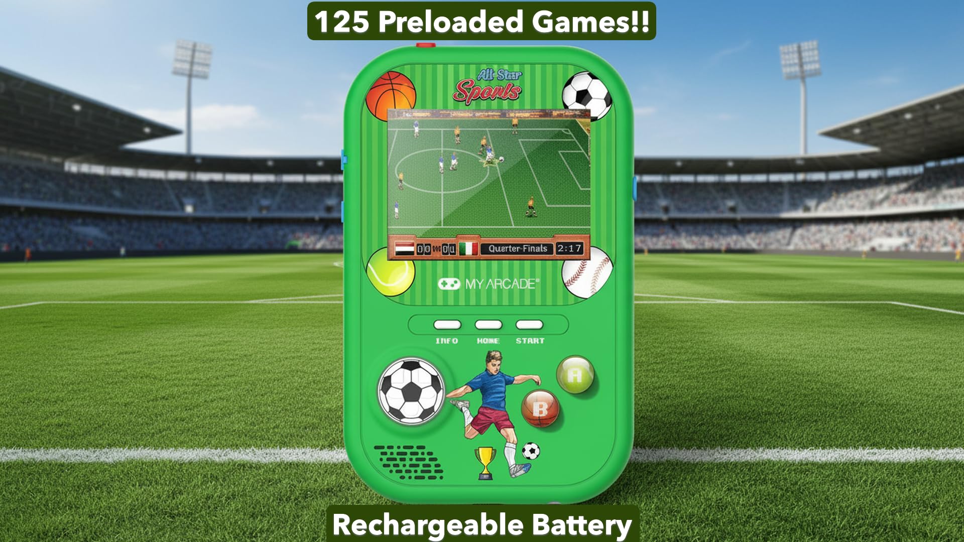 My Arcade All Star Sports Gamer Fun: include 125 giochi precaricati, console di gioco portatile retrò, giocattoli da calcio, batteria ricaricabile