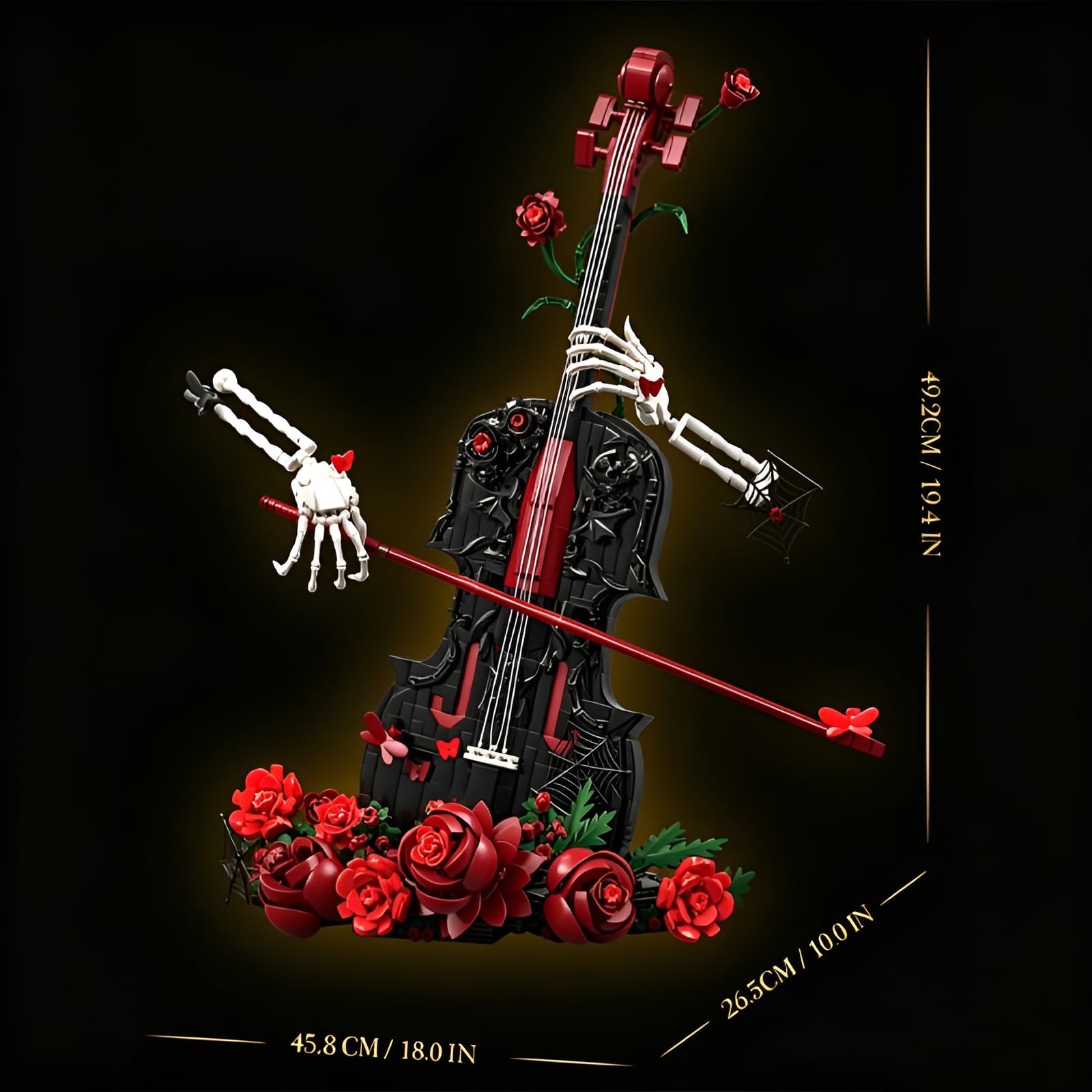 Gothic Rosen Geigen Bauklötze Set, 1429 Teile Sammlbares Musikinstrument Modell mit Skelett Händen & roten Rosen, Dekoratives Baukasten Display für Erwachsene & Teenager