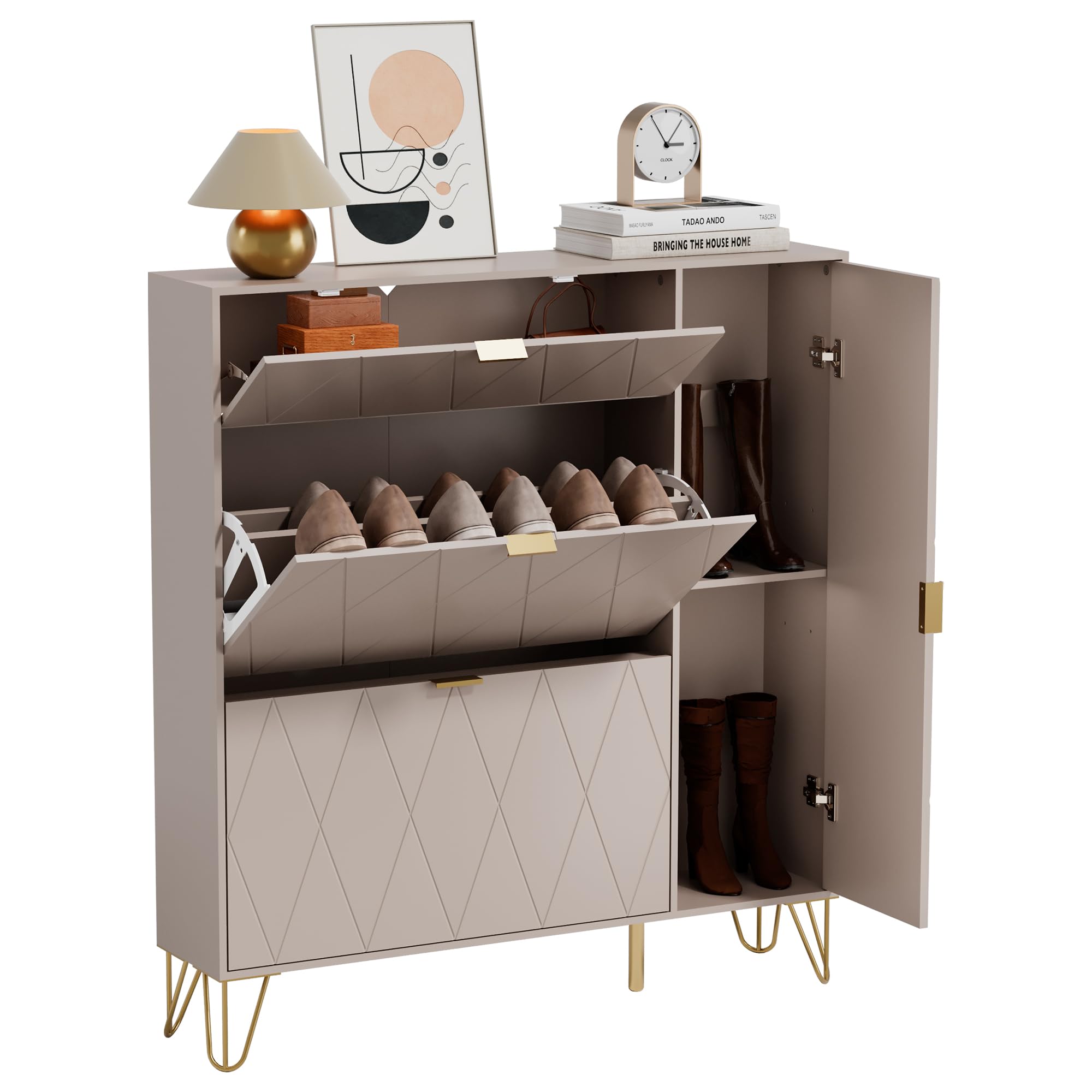 UEV Schuhschrank mit 2 Klappen und 2 Türen, 105x24x120cm, mit Kippschutz/Trennwand verstellbar, Schuhkommode, Schuhkipper schmal, Schrank Flur platzsparend Moka
