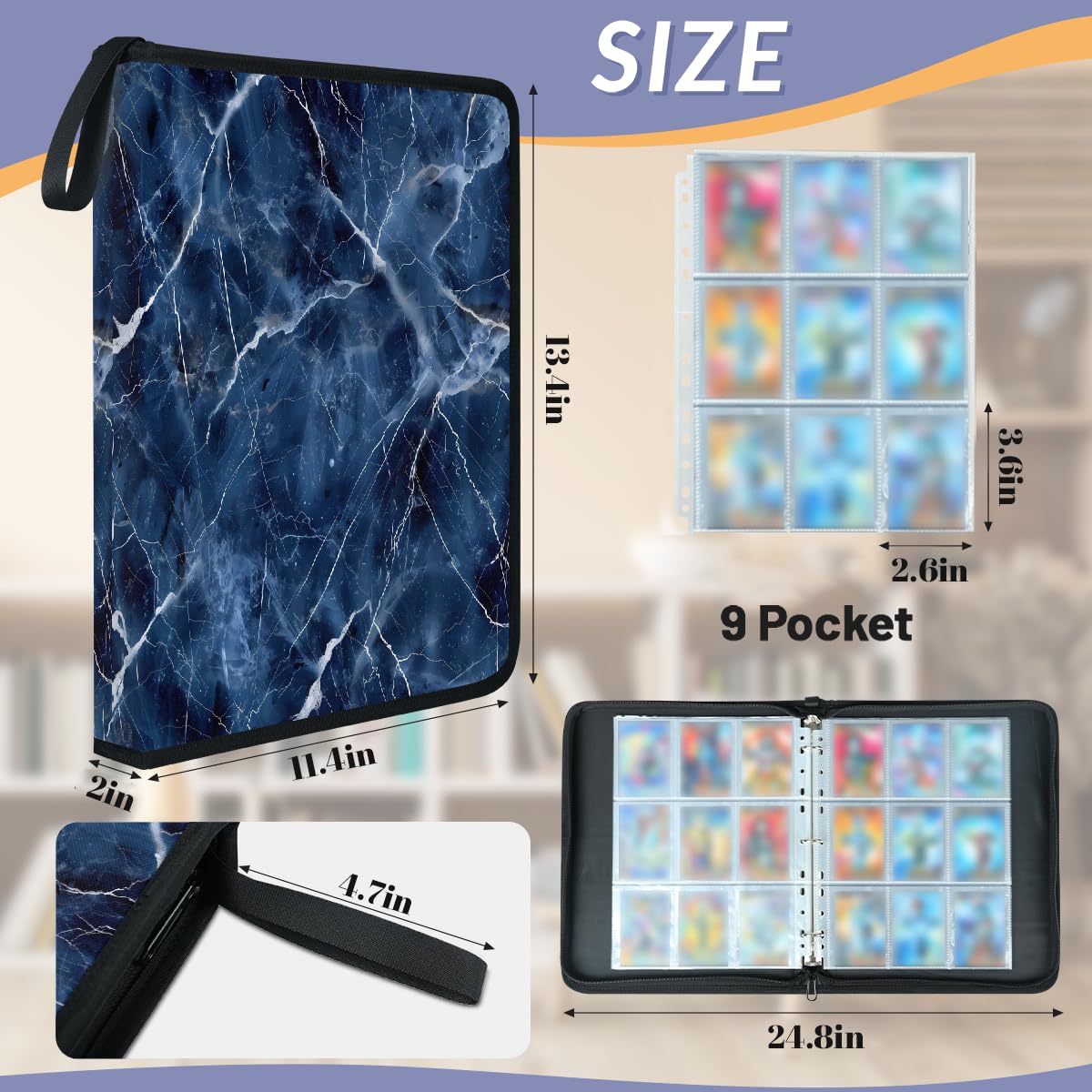 Carpeta de tarjetas coleccionables con 9 bolsillos con textura de mármol azul, álbum de tarjetas con fundas extraíbles, libro de tarjetas impermeable con cremallera, capacidad para 50 páginas y 900