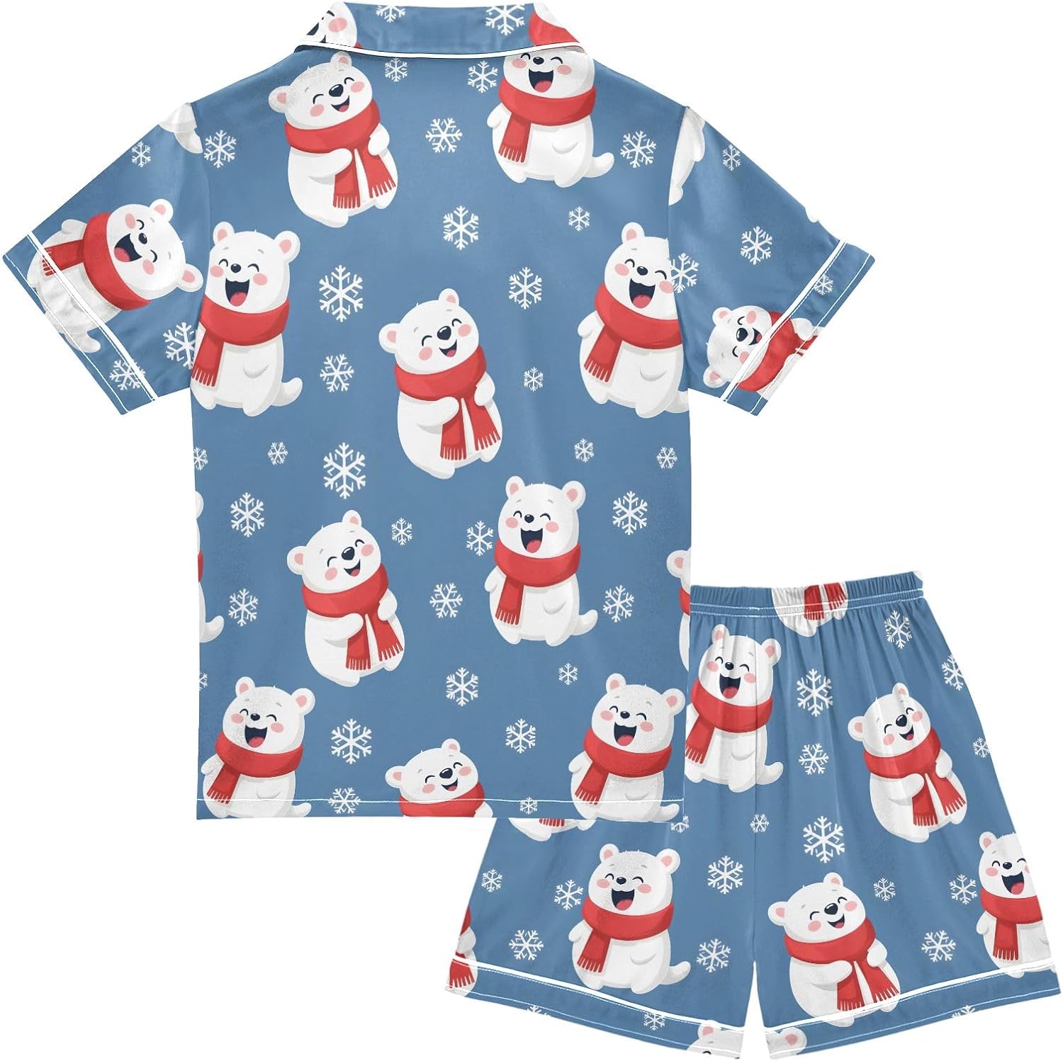 Kids Satin Wear Set Snow Bear Pattern Relaxed Fit Clothing Short Sleeve and Shorts