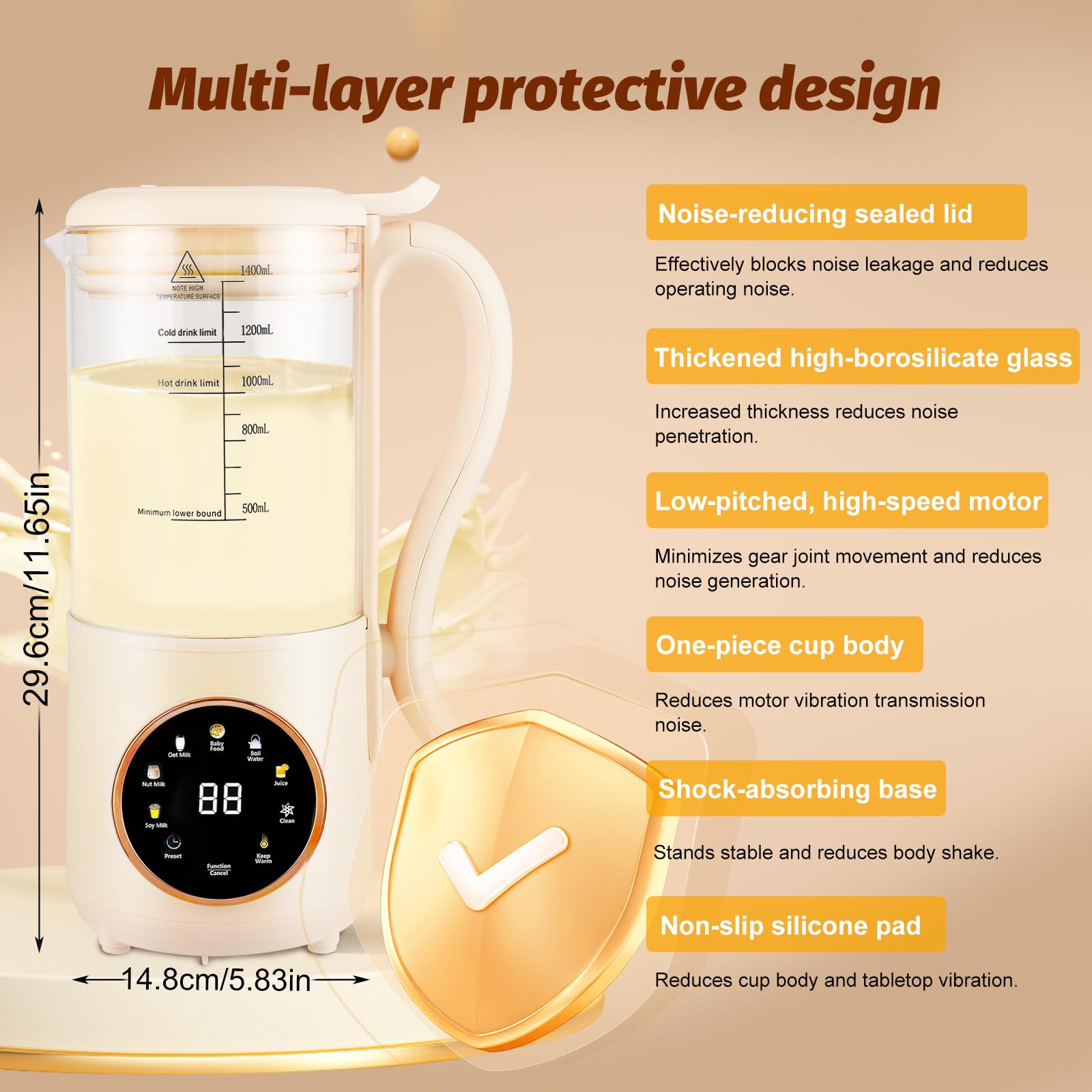 Macchina per latte di soia, 1400 ml, con 16 lame, indicatore LED, prenotazione 12 ore, autopulente, 6 funzioni, per latte vegetale fatto in casa, avena, latte di mandorle