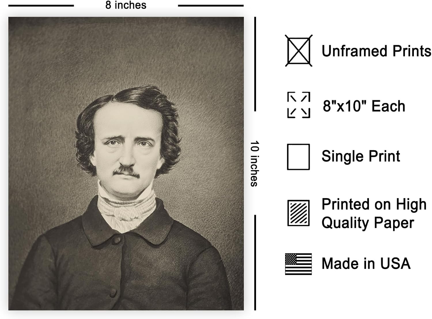 Poster Master Vintage Edgar Allan Poe Poster - Retro Edgar Allan Poe Portrait Print - Poet Art - Literary Art - Gift for Him & Her - Minimal Decor for Bedroom or Living Room - 8x10 UNFRAMED Wall Art