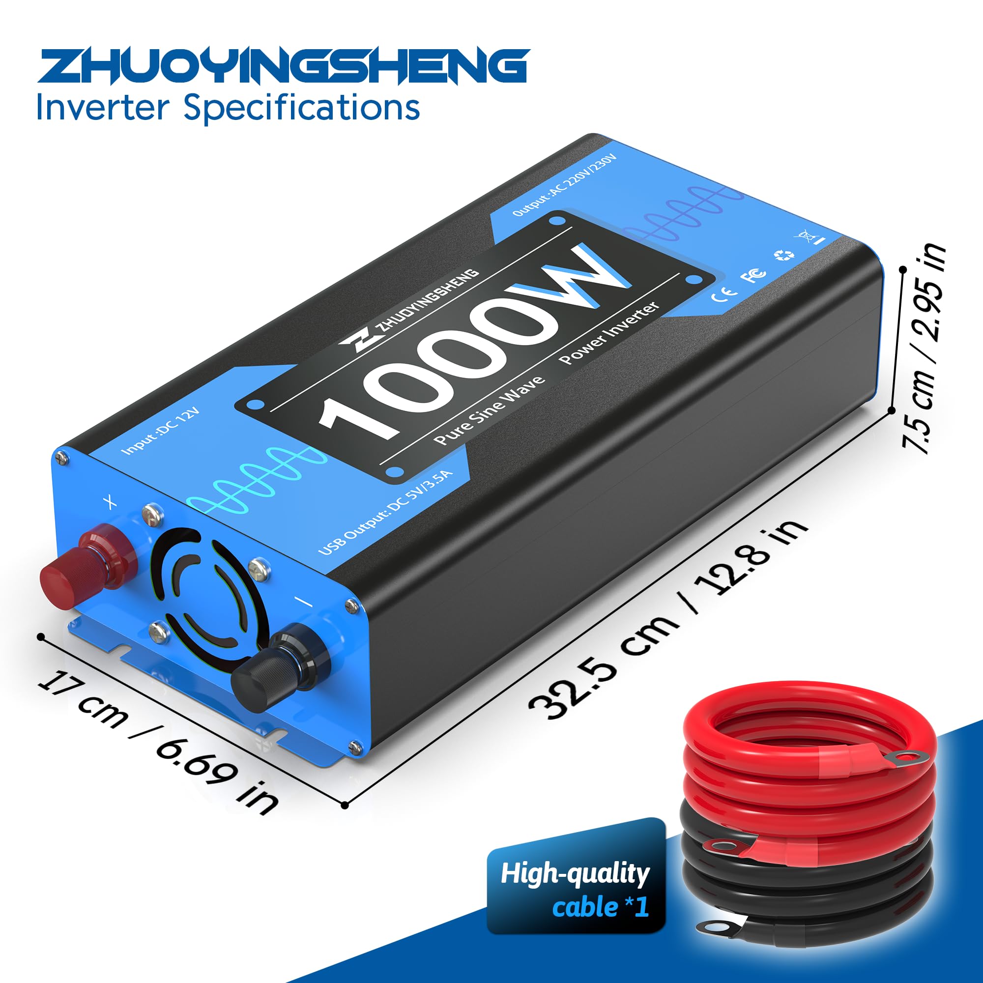 ZYS 1000W Wechselrichter 12V auf 230V Reiner Sinus, Blau