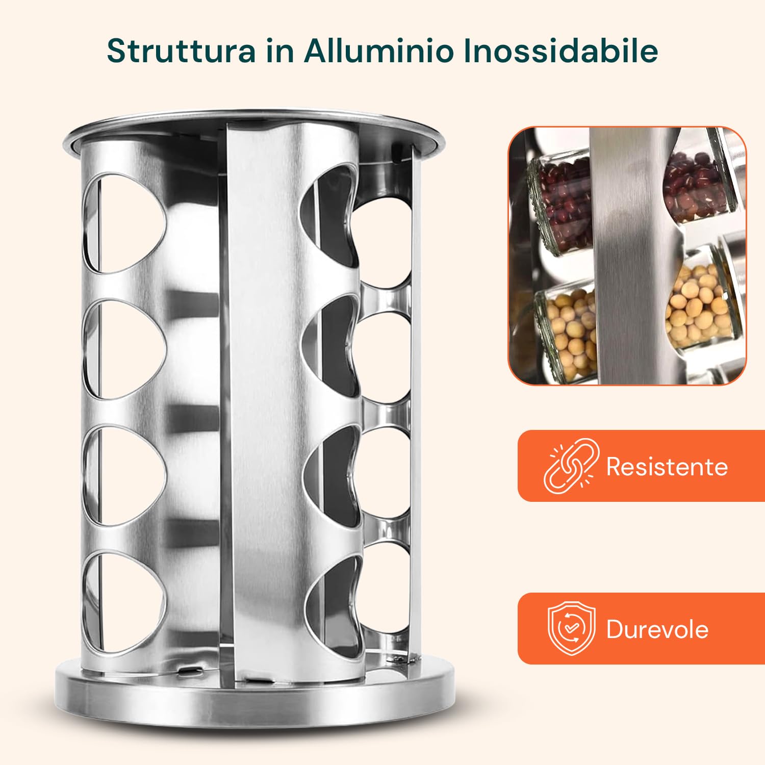 Avilia Portaspezie Girevole 360° con 16 Barattoli in Alluminio – Porta Spezie Salvaspazio Alzatina Cucina Rotante a 2 Livelli con 32 Etichette e Penna – Organizer Dispensa Cucina