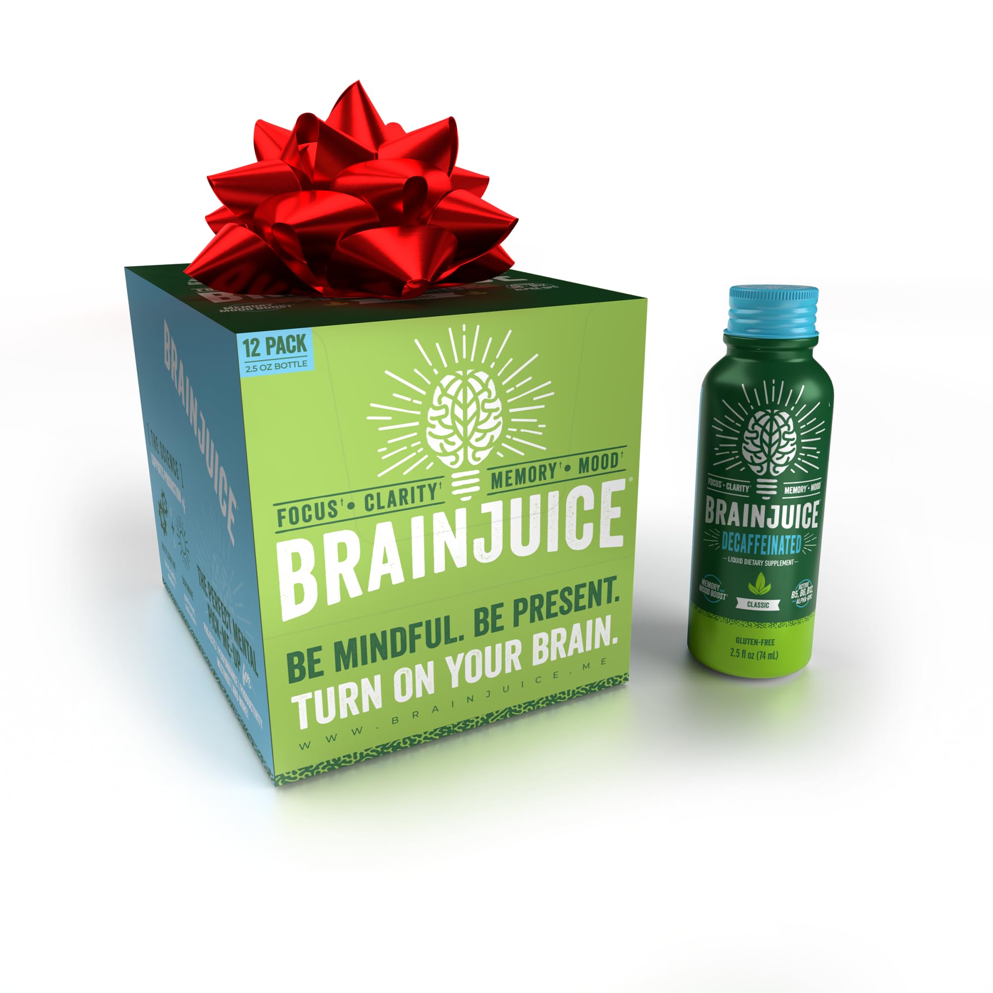 BrainJuice Decaf Brain Support Shot, Gluten Free Supplement Shots for Energy & Focus, Healthy Drinks with Alpha GPC, Vitamin B & Decaffeinated Green Tea Leaf, Classic, 2.5 fl oz, 12 Pack