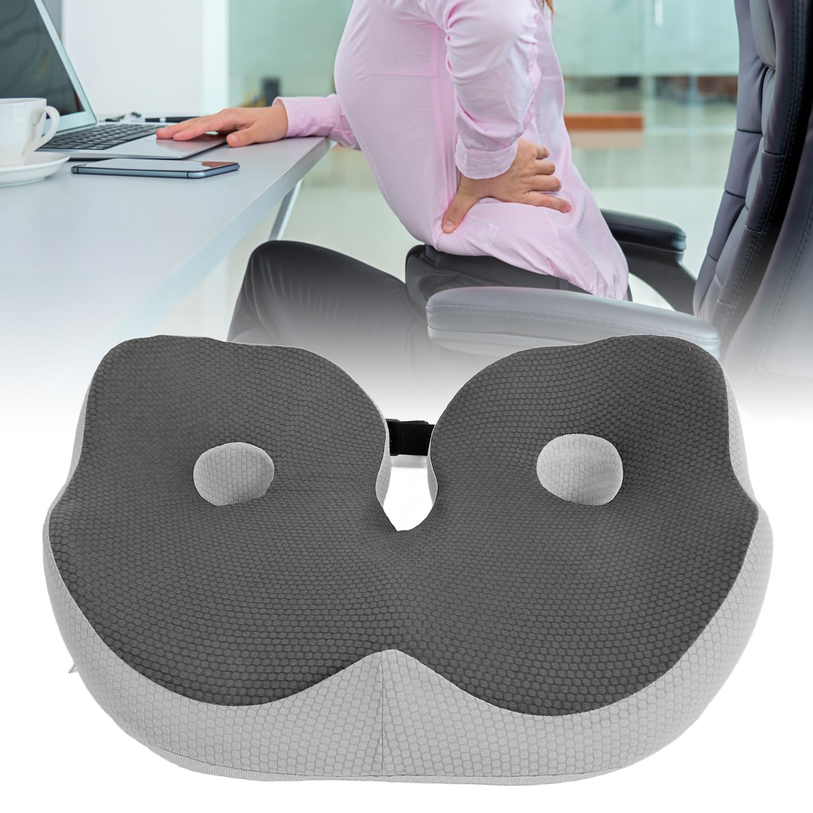 Cojín de espuma viscoelástica, cojín para aliviar el dolor de coxis con correa ajustable, comodidad durante todo el día para silla de oficina, coche (gris oscuro)