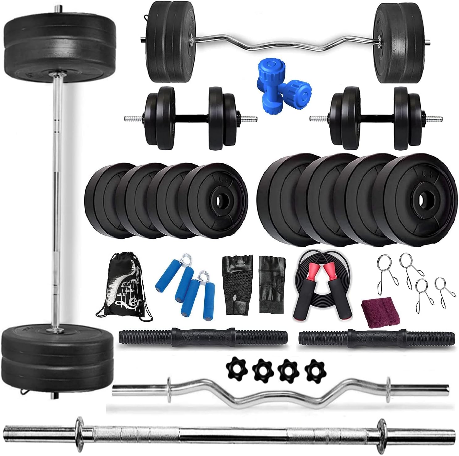 BODYFIT Deluxe 30kg 4 Rods Exercise Sets Combo Strength Training Home Gym Set Kit. Steel, Pvc, Black