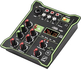 Moniss Mixer de áudio compacto de 5 canais Console de mixagem de som 48V Phantom Power USB Interface de áudio Display LED Efeito de reverberação integrado Função BT para gravação de DJ Transmissão ao