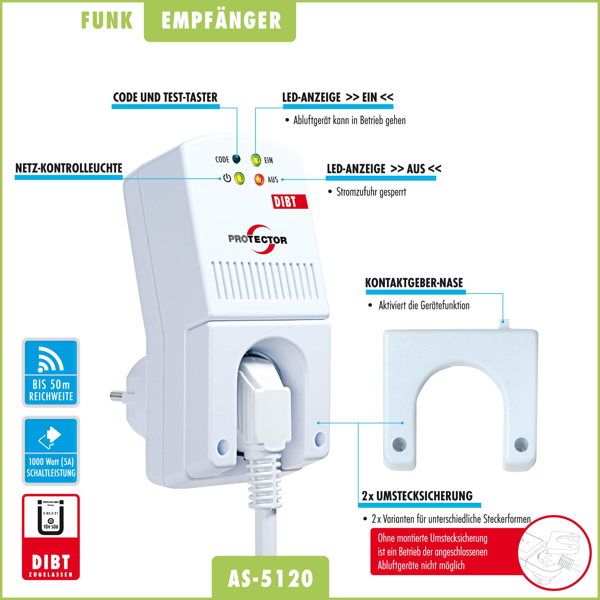 Protector AS-5120 Funk-Abluftsteuerung mit Mini Fensterkontaktschalter & Funksteckdose für Dunstabzugshaube & Kamin, Zuluftwächter, Fensterkontaktschalter Funk mit DIBT-Zulassung & Umstecksicherung