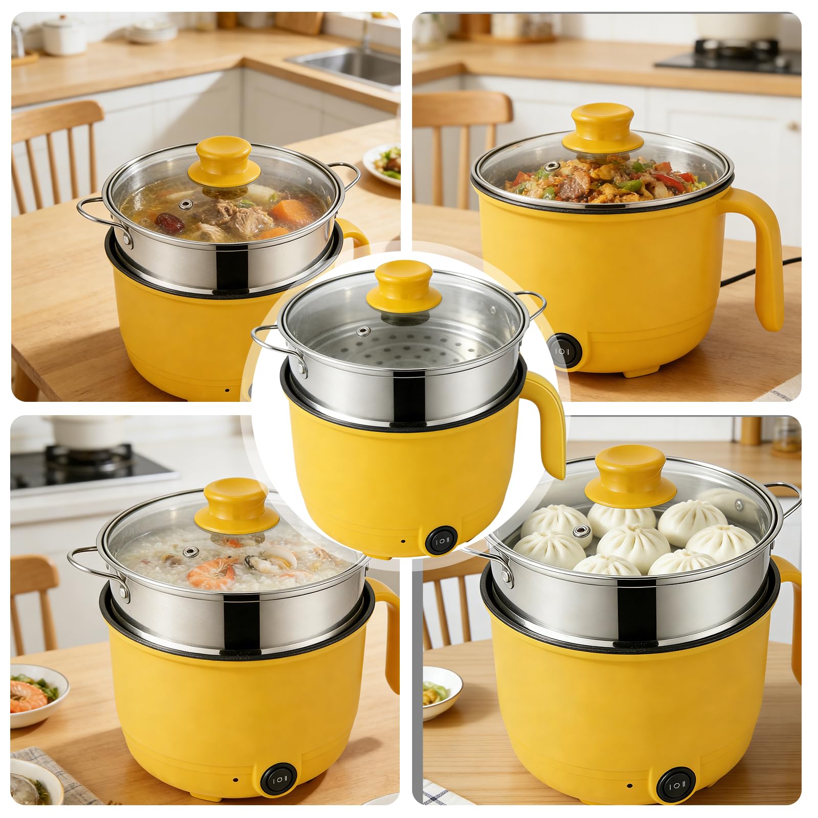 Elektryczny Hot Pot, 1,3 l elektryczny garnek do gotowania, 600W 220V Hot Pot Ramen Cooker z parowarem ze stali nierdzewnej, z powłoką antyadhezyjną Hot Pot elektryczny do zupy/ramen/makaronu/płatków