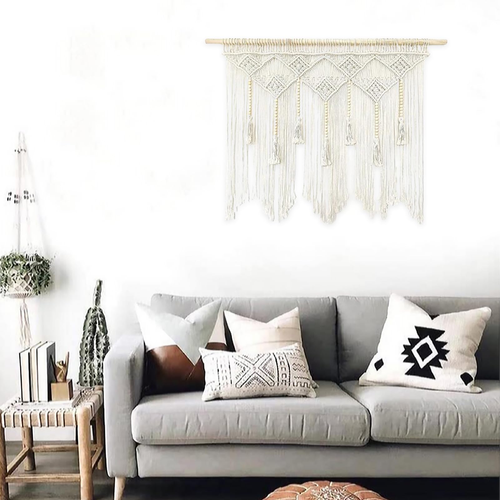 Rideaux en macramé avec perles en bois - Rideau tissé court - 100 x 80 cm - Beige - À suspendre au mur - Décoration murale d'extérieur