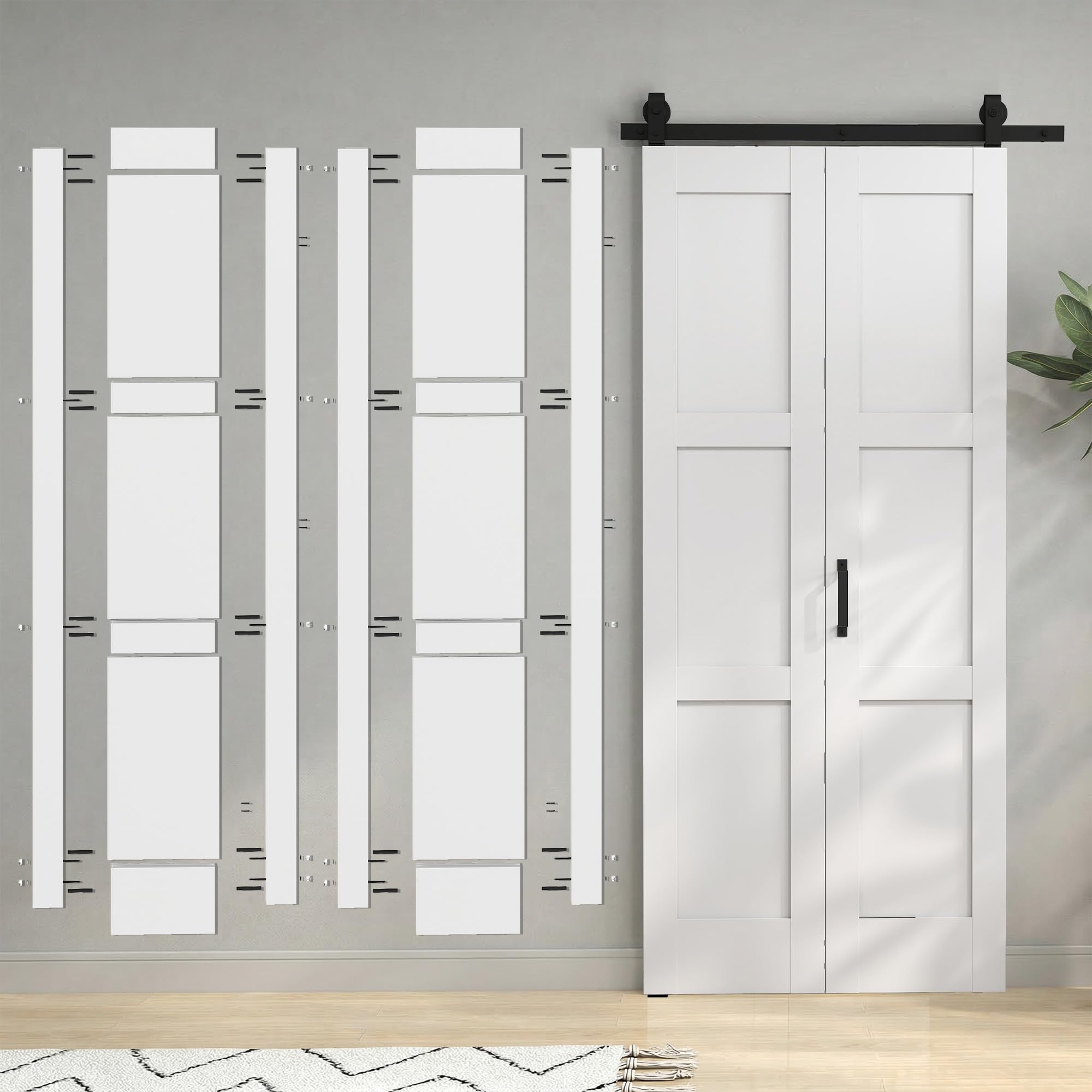 HOMCOM Puerta Corredera Plegable con Herrajes 91,4x213,4 cm, Puerta Corredera Interior con Rodillo, Riel de Acero, Guía de Suelo, Manija, para Baño, Salón, Sala de Estar, Blanco