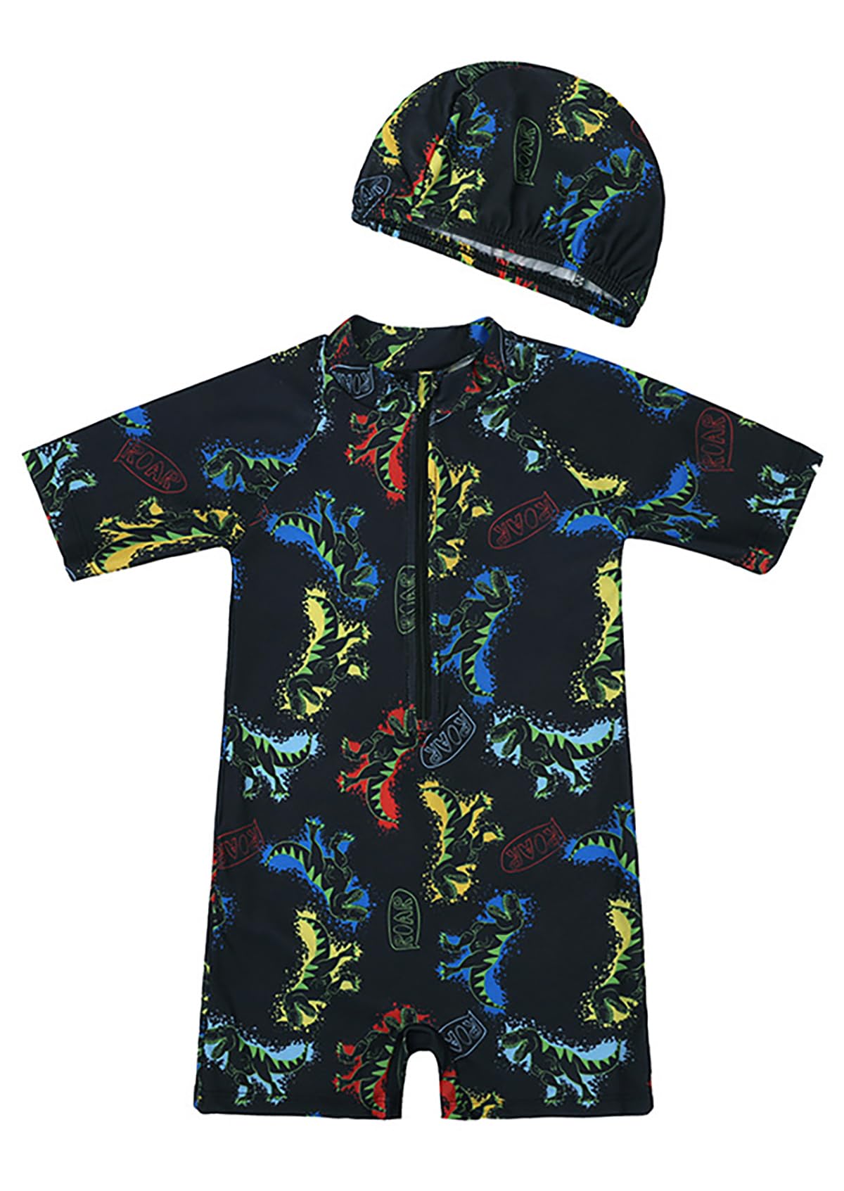 Baby Boys Short Sleeve One Piece Swimsuit Set Cute Cartoon Printed Zipper Rash Guard Bathing Suit Swimwear with Hat(2-3T,Black)