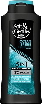 Soft & Gentle Men Ocean Breeze 3 in 1 Sulfate Free Shower Gel 400ml suitable for sensitive skin, vegan, microboime friendly
