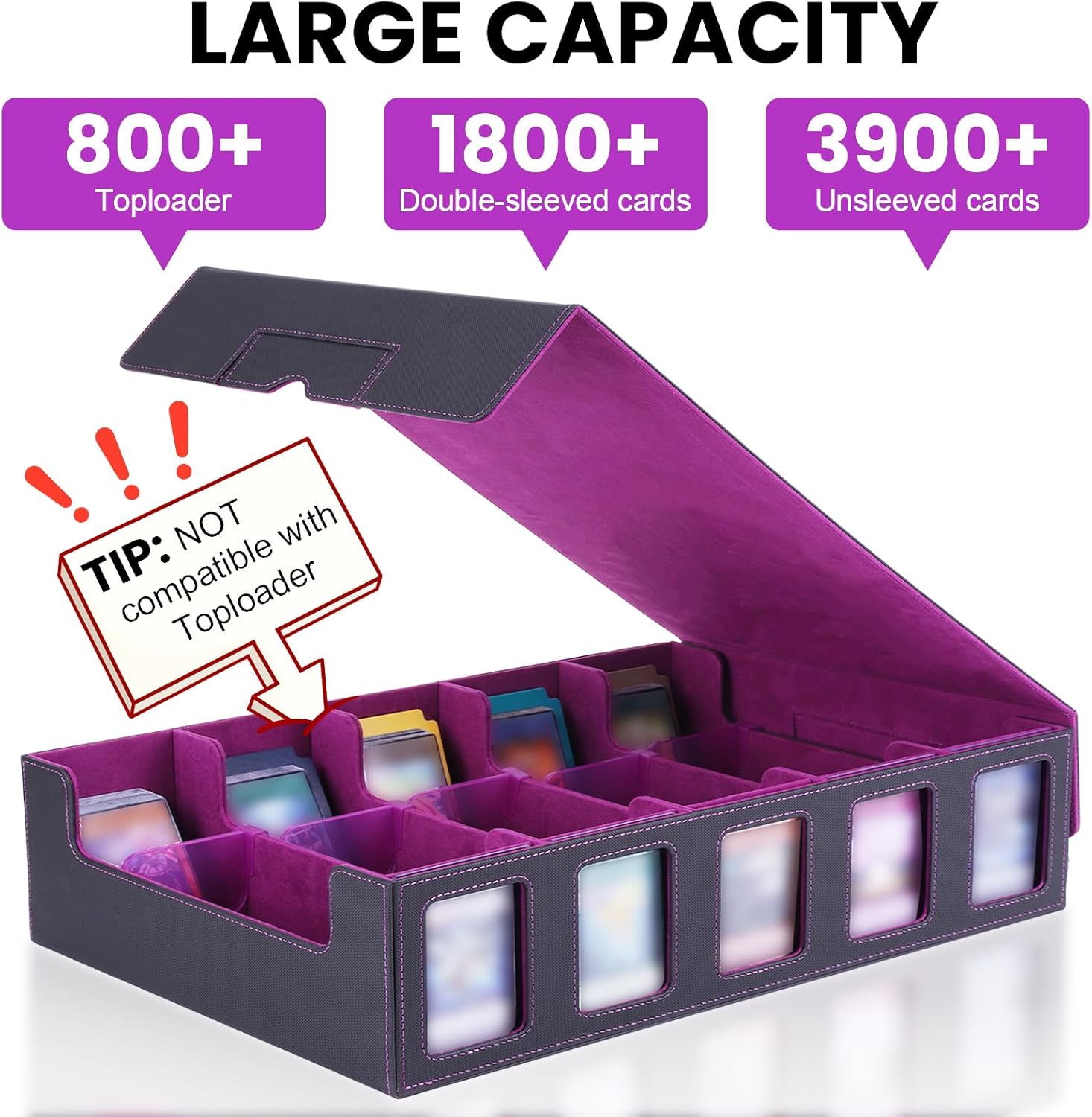 Trading Card Storage Box for MTG with Commander Display, 3900+ Card Deck Box with Handle for Magic TCG Sports Cards, 5 Toploaders, 5 Stoppers, 48 Dividers, Gifts for Card Collector(Black & Purple)