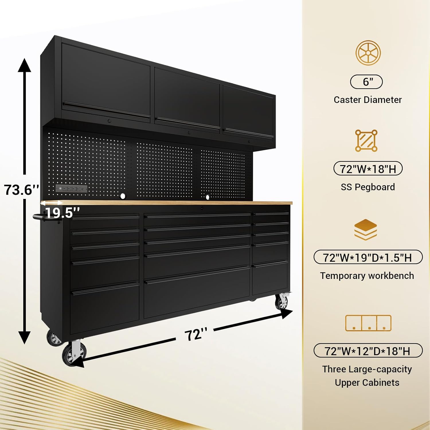 CHETTO C 72-inch Rolling Tool Chest Cabinet Mobile Workbench with 15 Storage Drawers and Wheels 3 Uper Cabinet Outlet SS Pegboard Black Tool Box for Garage