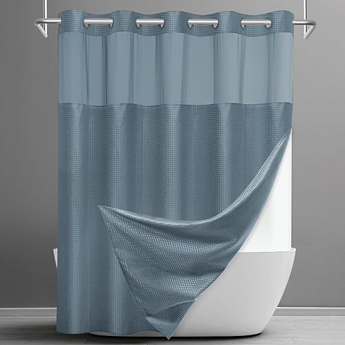 Miniatura 18 de Cortina de ducha sin gancho con forro a presión, cortina de ducha de gofre para baño, tela estilo hotel, forro interior impermeable, 71 pulgadas de