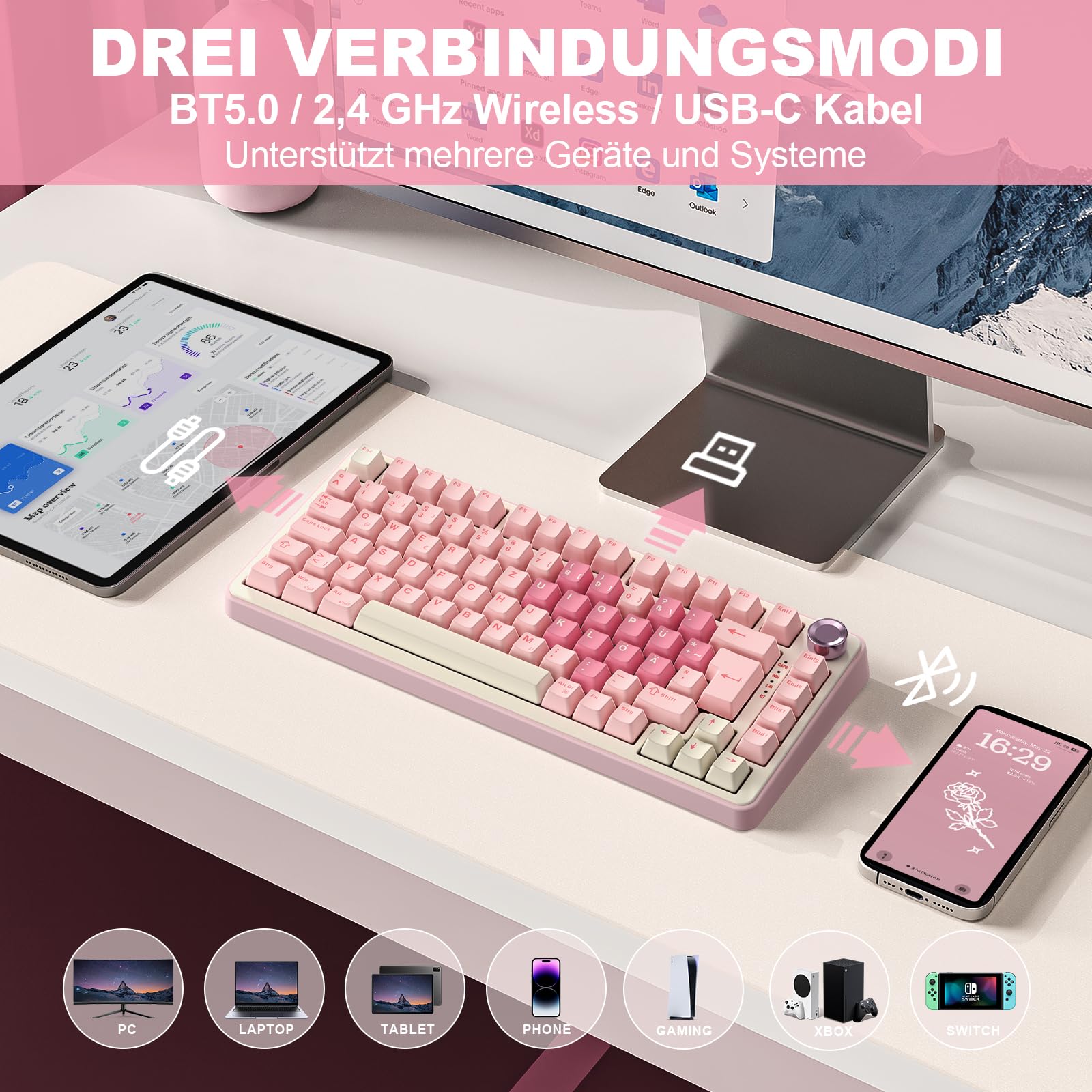 YUNZII B75 PRO ISO-DE Teclado mecánico para juegos, 75% disposición QWERTZ (DE) con botón giratorio, BT5.0/2.4GHz/USB-C, interruptor prelubricado, RGB para Win/Mac/PC (rosa, interruptor de leche)