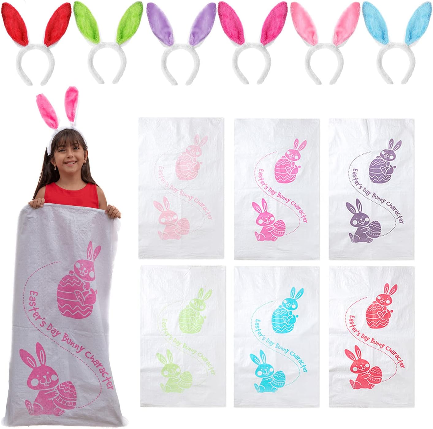 Mr. Pen- Potato Sack Race Bags for Kids Adults, 38.2" x 23.5", 6 Pack with 6 Bunny Ears Headbands, Sacks for Sack Race, Easter Sack Race, Potato Sacks for Races, Easter Gift