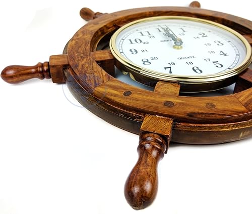 Miniatura 3 de Nagina International Rueda de barco náutico hecha a mano de 16 pulgadas con esfera de número arábigo de 6 pulgadas  Reloj de decoración de pared