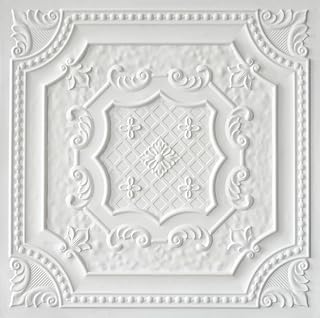 From Plain To Beautiful In Hours DCT04 Elizabethan Shield PVC 2' x 2' Lay-in or Glue-up Ceiling Tile (Covers / 200 sq.ft), White Matte, 50 Piece